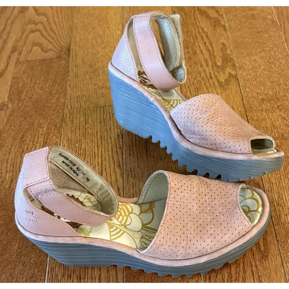 FLY London Women's Pink Leather Strappy Hook & Loop Wedge Sandals 43 US 11